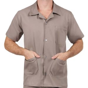 Jaleco Brim Manga Curta Cinza com Bolso | Uniforme Profissional Resistente