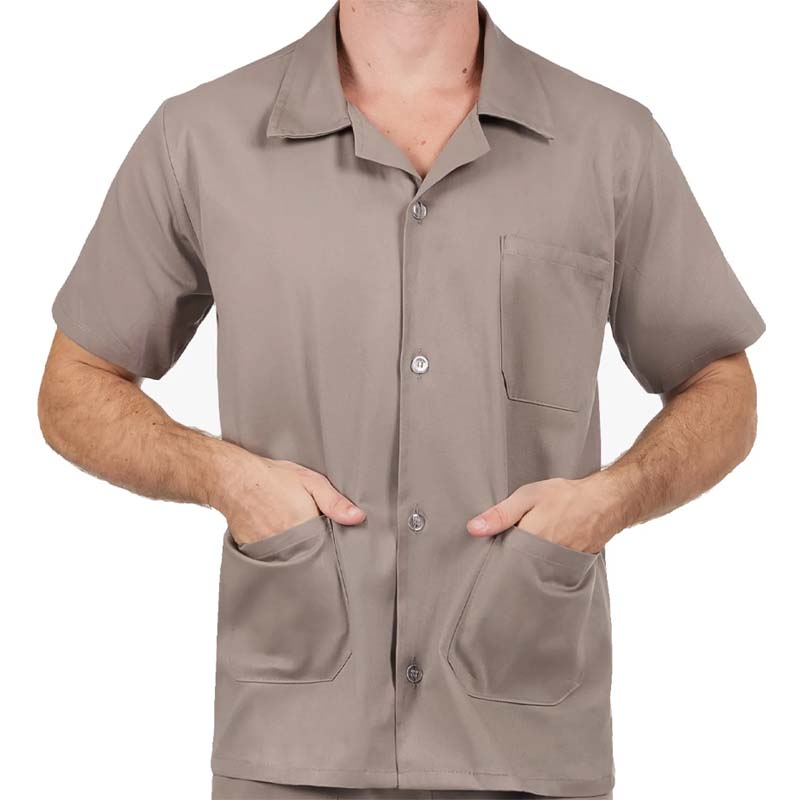 Jaleco Brim Manga Curta Cinza com Bolso | Uniforme Profissional Resistente